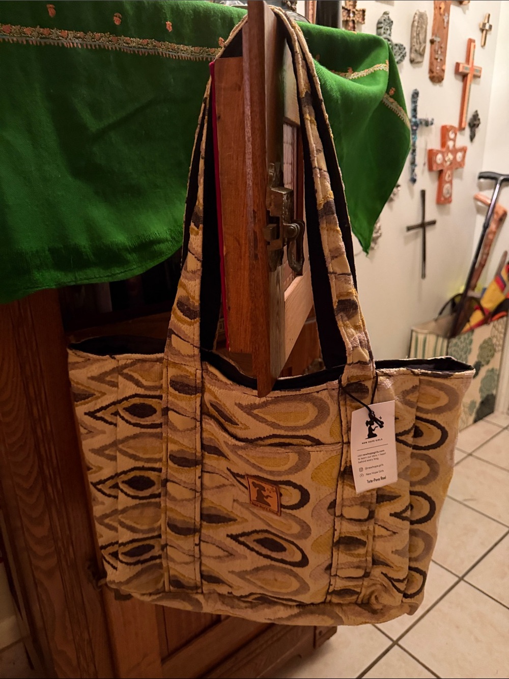 Beige Patterned Tote Bag with Leather Patch - new